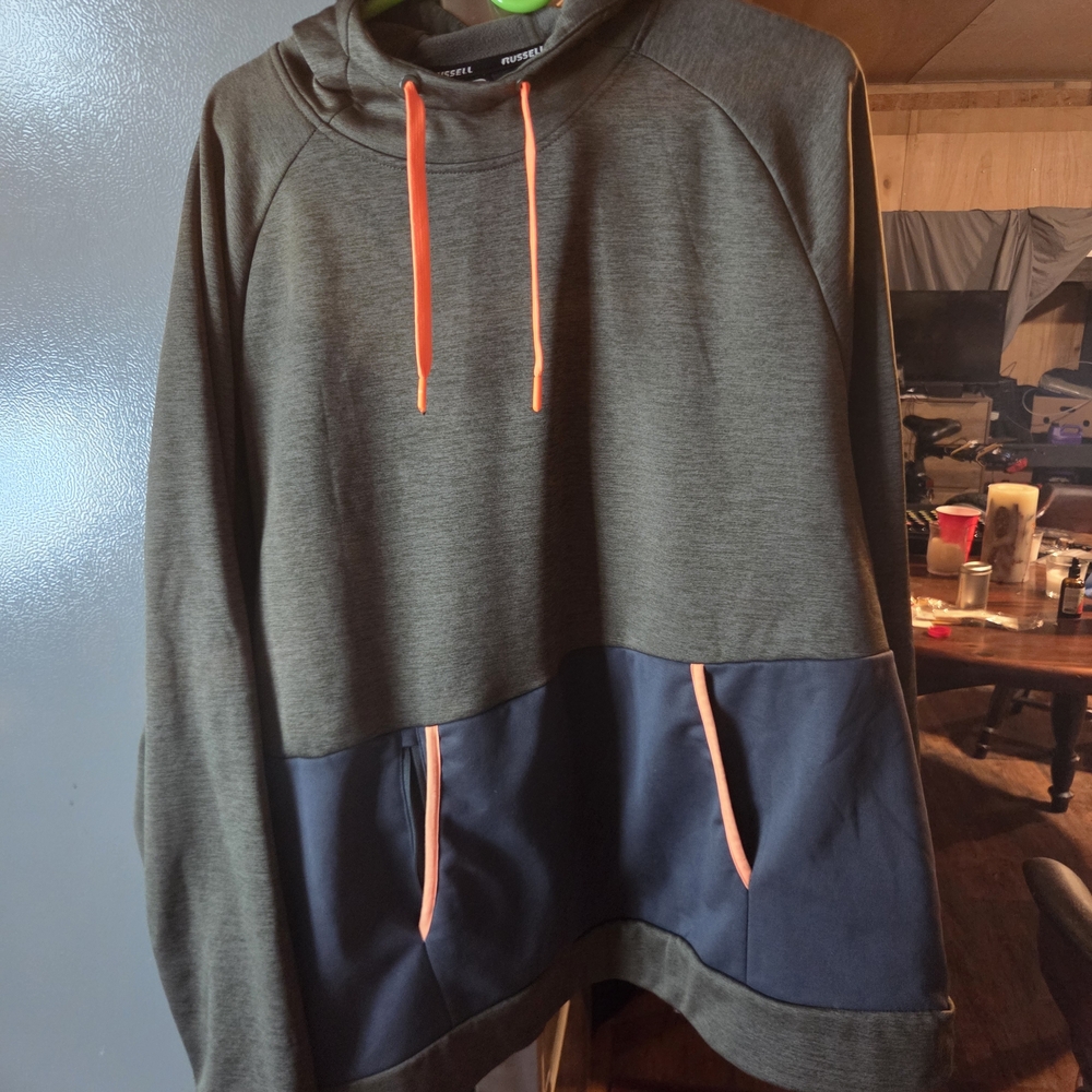 Russell Athletic Thick Gray and Blue Hoodie with Orange Accents